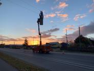 Morning Lane in a bucket truck